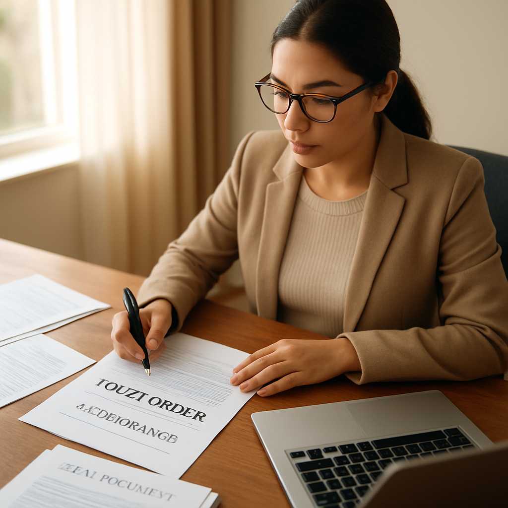 A professional photograph of a translator working at a desk, surrounded by legal documents, includin