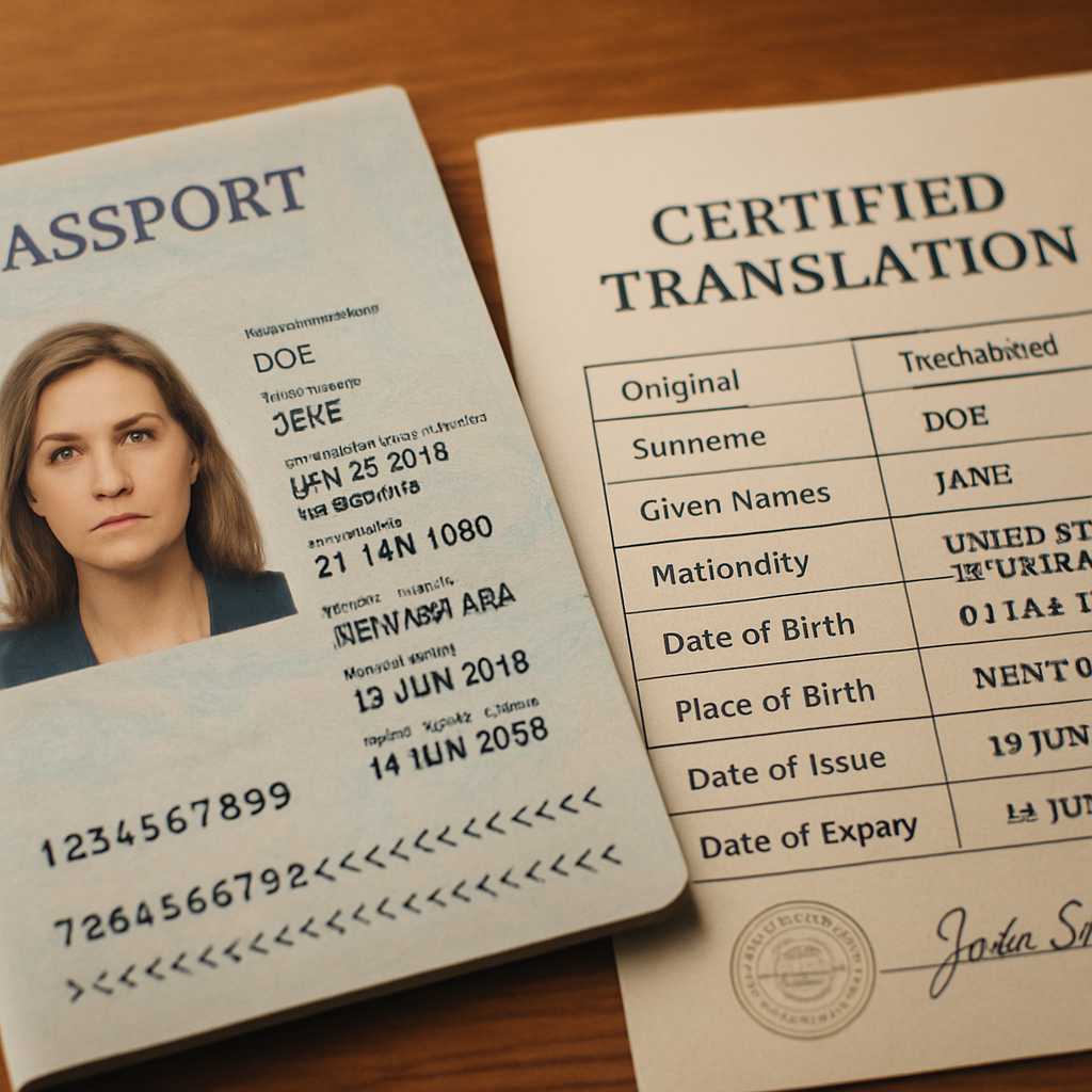 A detailed close up of a passport biographic page alongside a certified translation document, showca