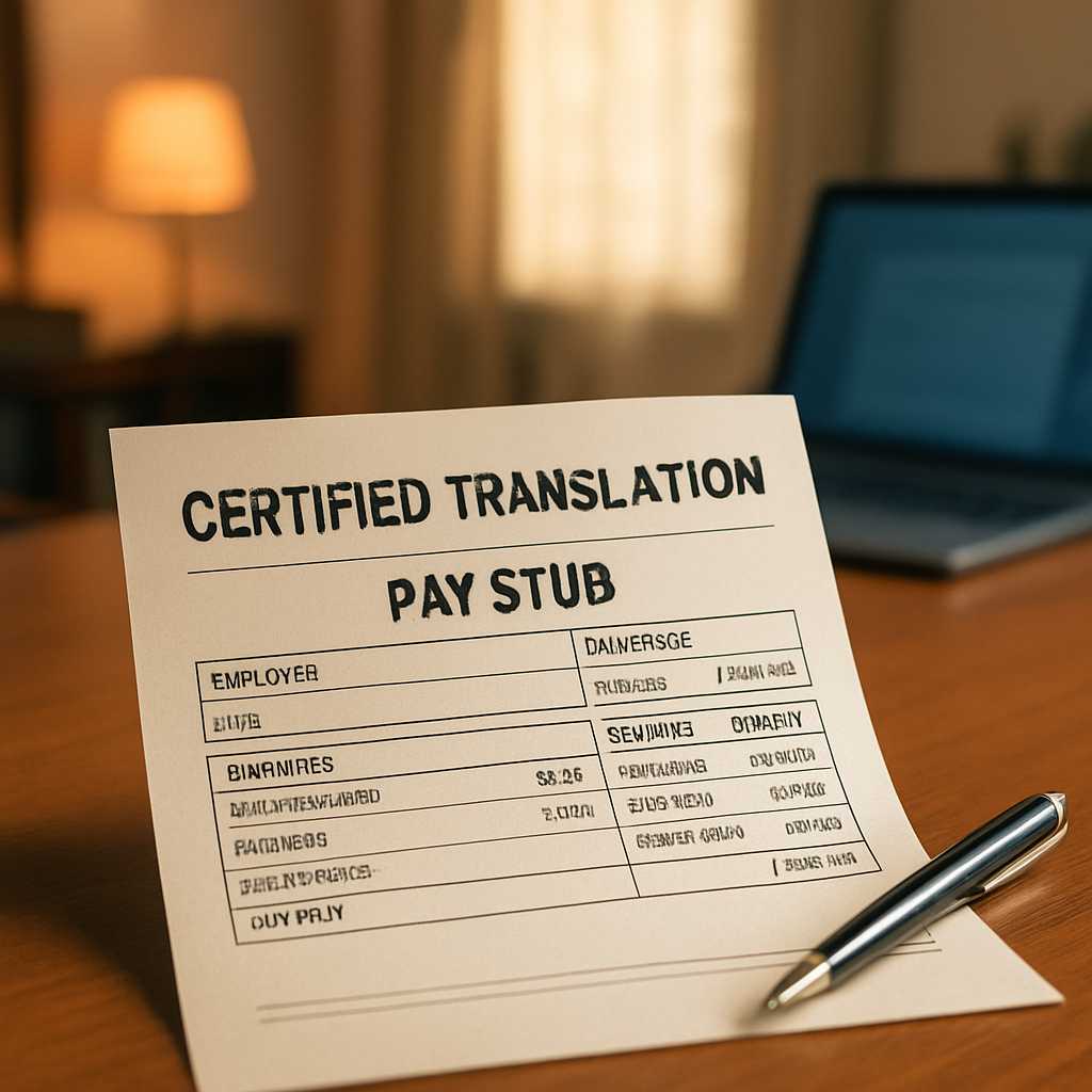 A professional setting showing a close up of a certified translation document of a pay stub, with a