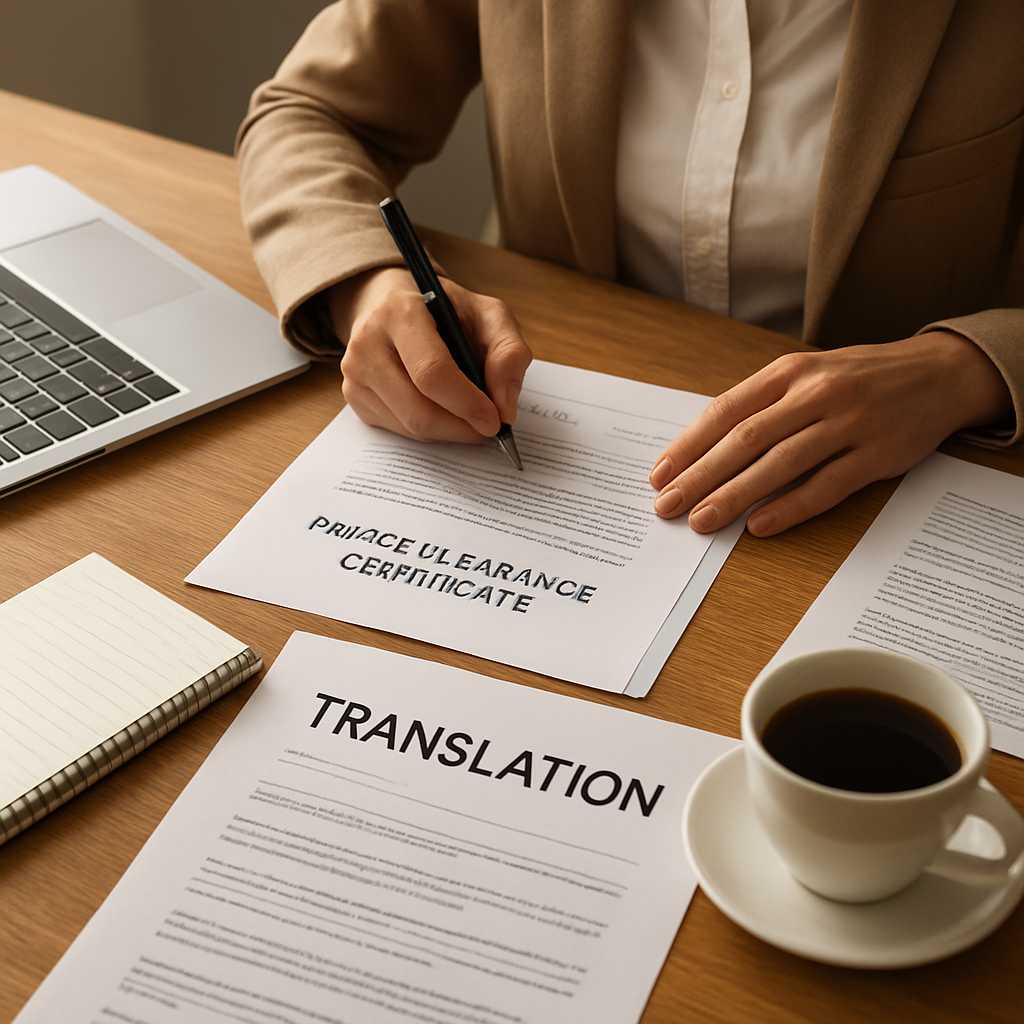A professional image depicting a translator working on a police clearance certificate, with document