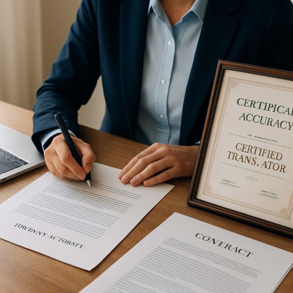 A professional image depicting a certified translator working on a power of attorney document, with