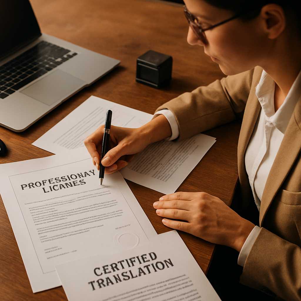 A professional setting where a translator is working on a certified translation of a professional li