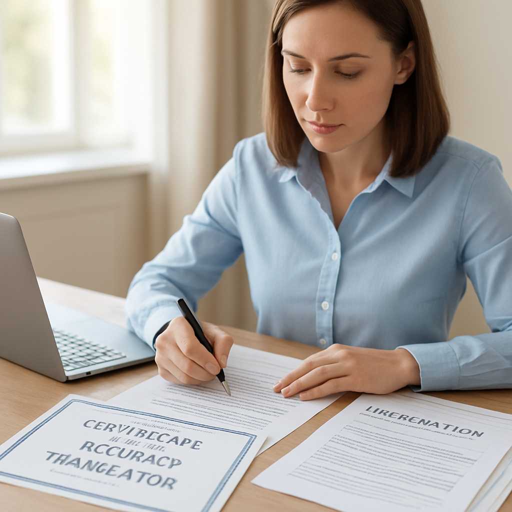 A professional image of a certified translator working at a desk, surrounded by immigration document