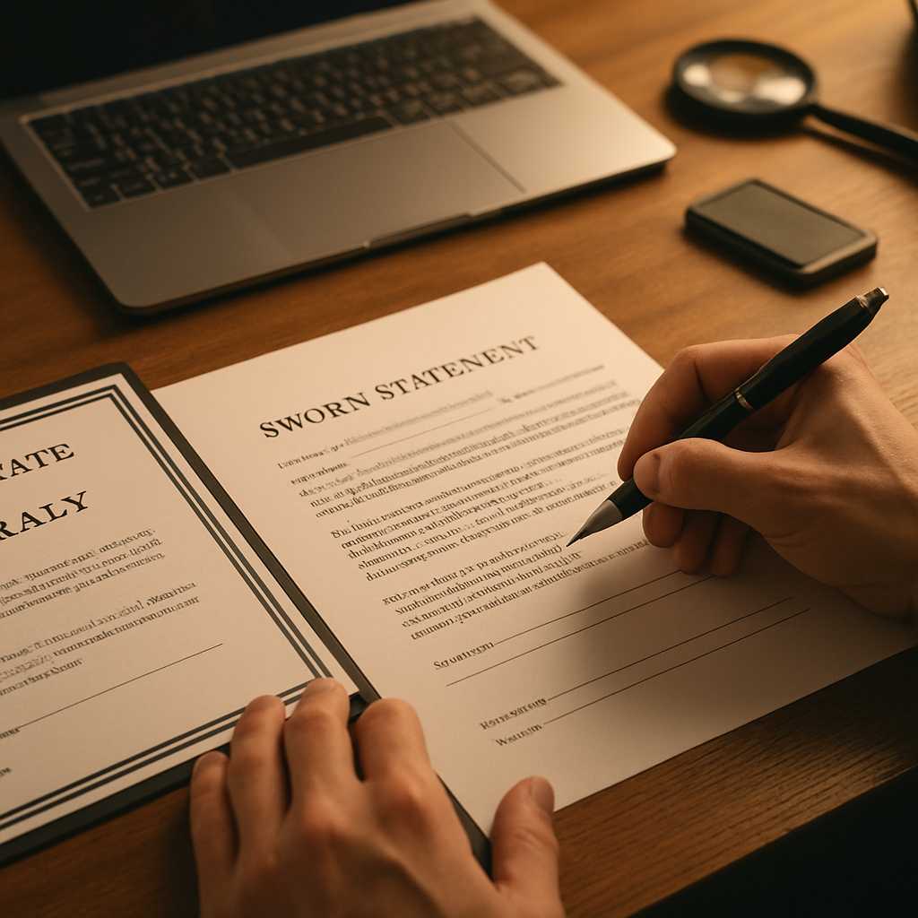 A professional image depicting a translator working on a sworn statement for U.S. immigration, with