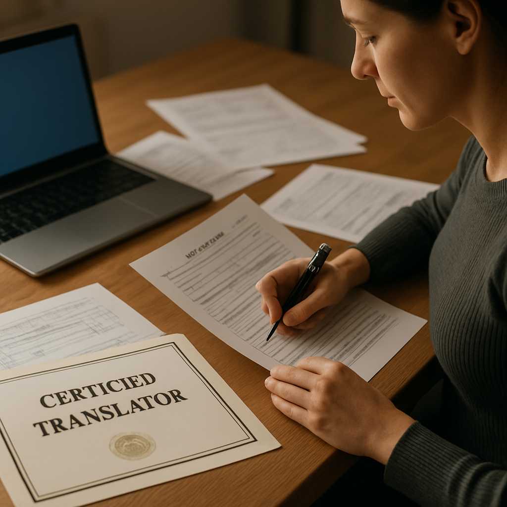 A professional image of a certified translator working at a desk, surrounded by tax documents and a