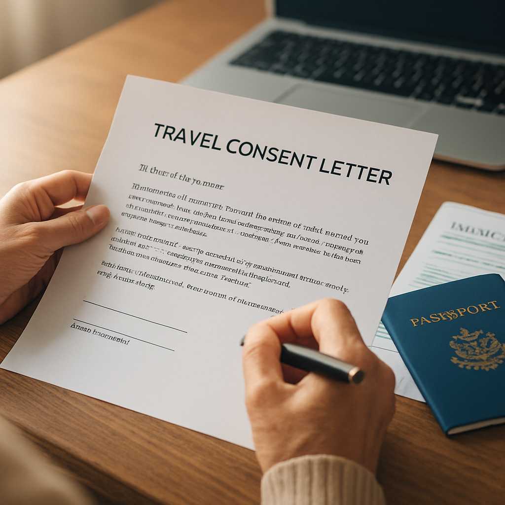 A professional photograph of a travel consent letter being reviewed by a parent at a desk, with a la