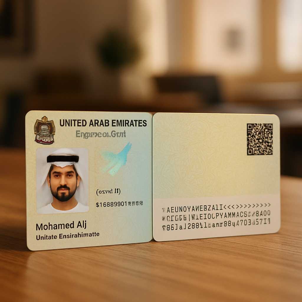 A detailed close up image of a UAE national ID card, showcasing both the front and back sides. The c