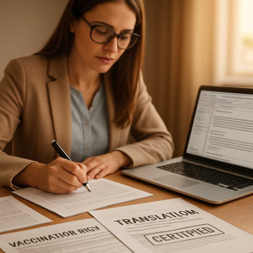 A professional image of a certified translator working at a desk, surrounded by vaccination records