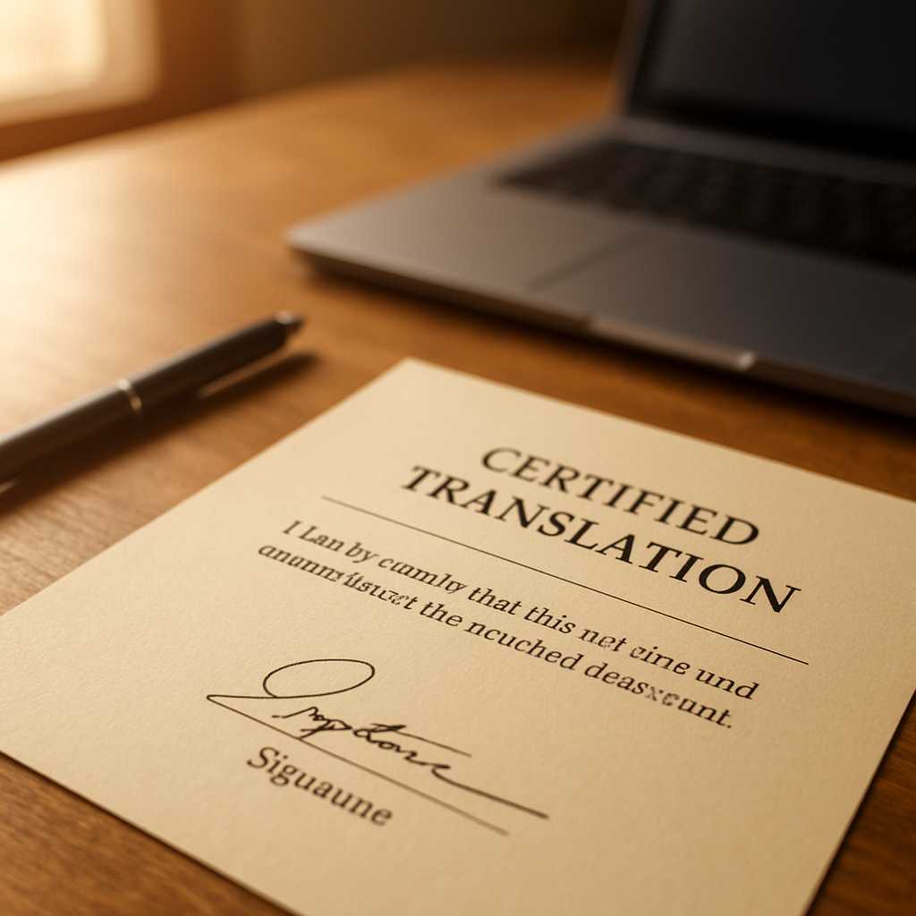 A close up shot of a certified translation document for vehicle registration, placed on a wooden des