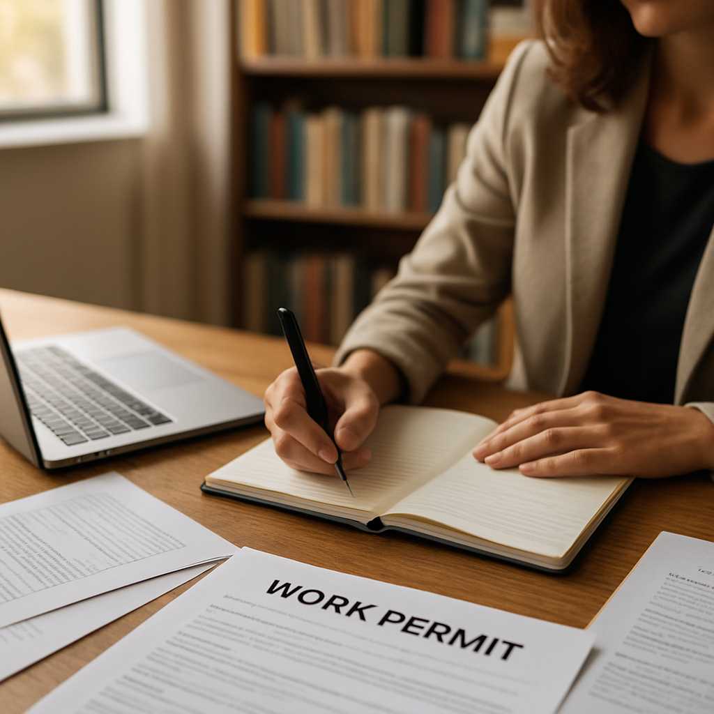 A professional image of a translator working at a desk, surrounded by documents, including a work pe