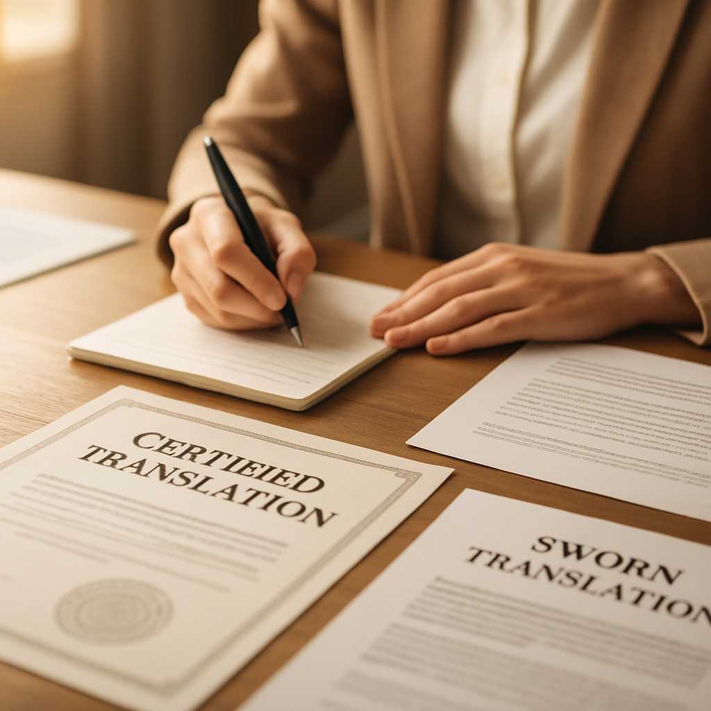 A professional image depicting a translator working at a desk, surrounded by various documents inclu
