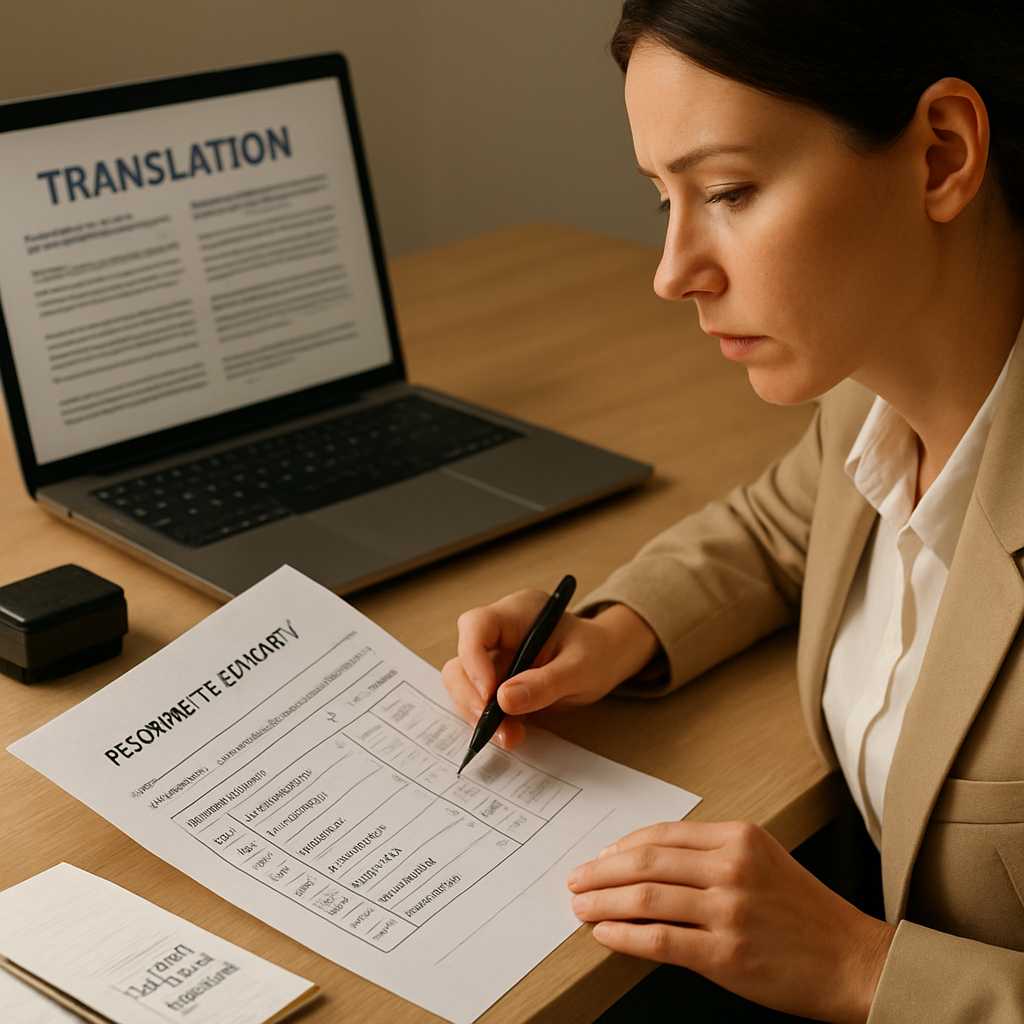 A close up, photorealistic image of an academic transcript being translated, with a professional tra