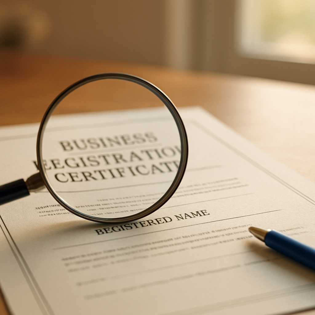 A professional image of a business registration certificate laid out on a desk, with a magnifying gl