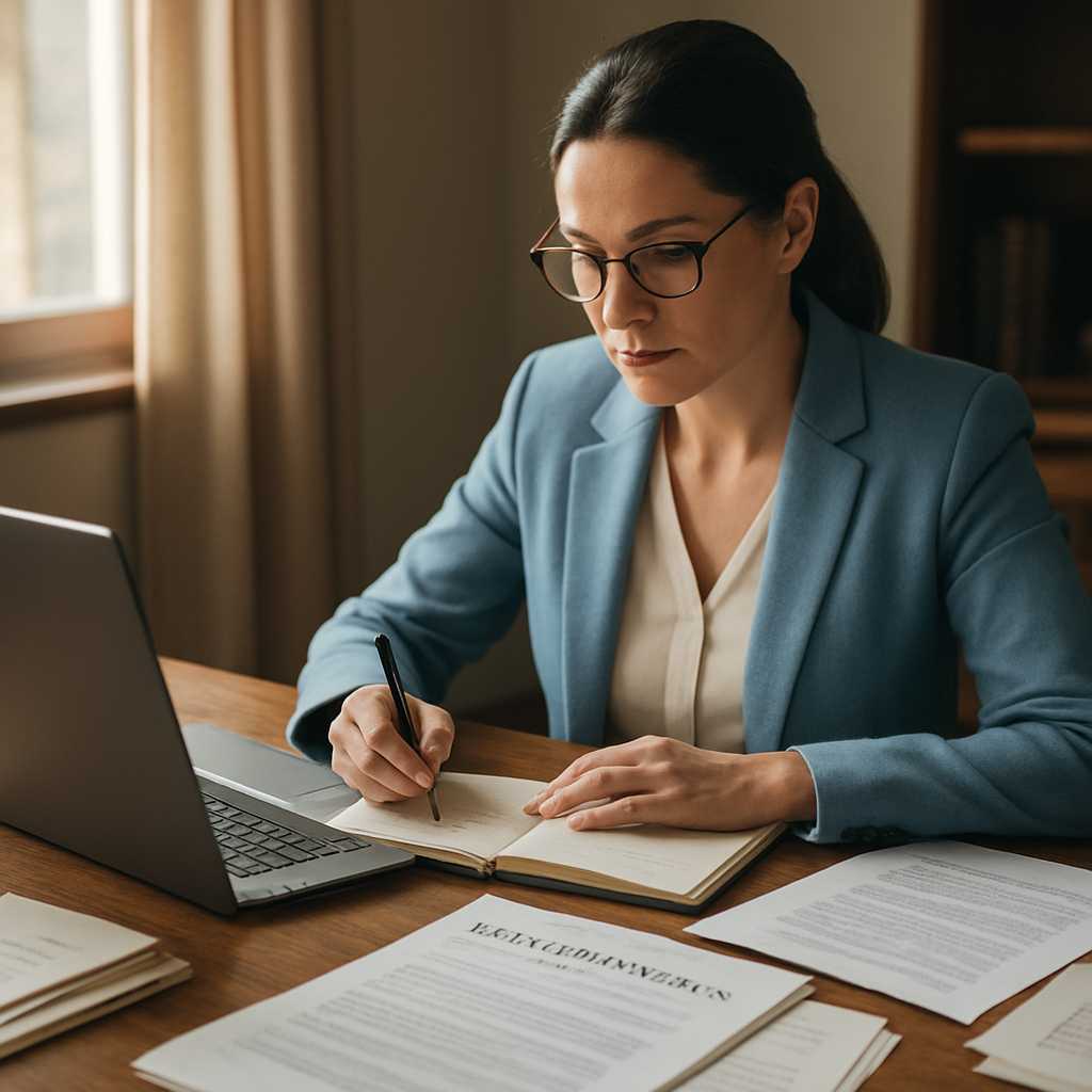 A professional image of a translator working at a desk, surrounded by legal documents, including a c