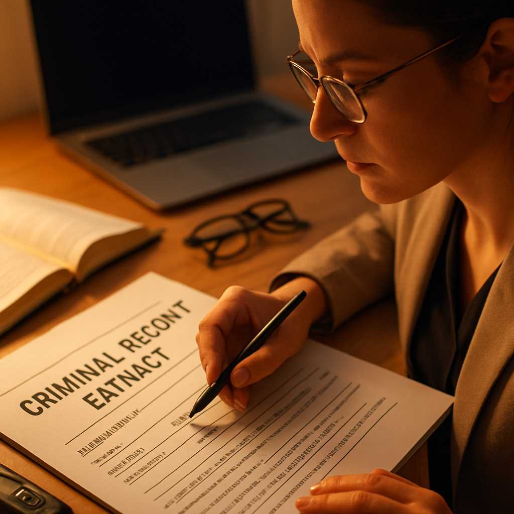 A close up shot of a criminal record extract document being translated, with a professional translat