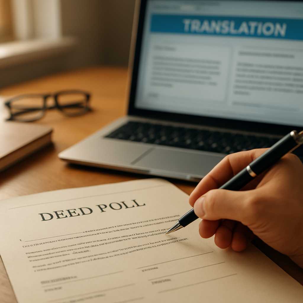 A professional workspace featuring a close up of a deed poll document being translated, with a lapto