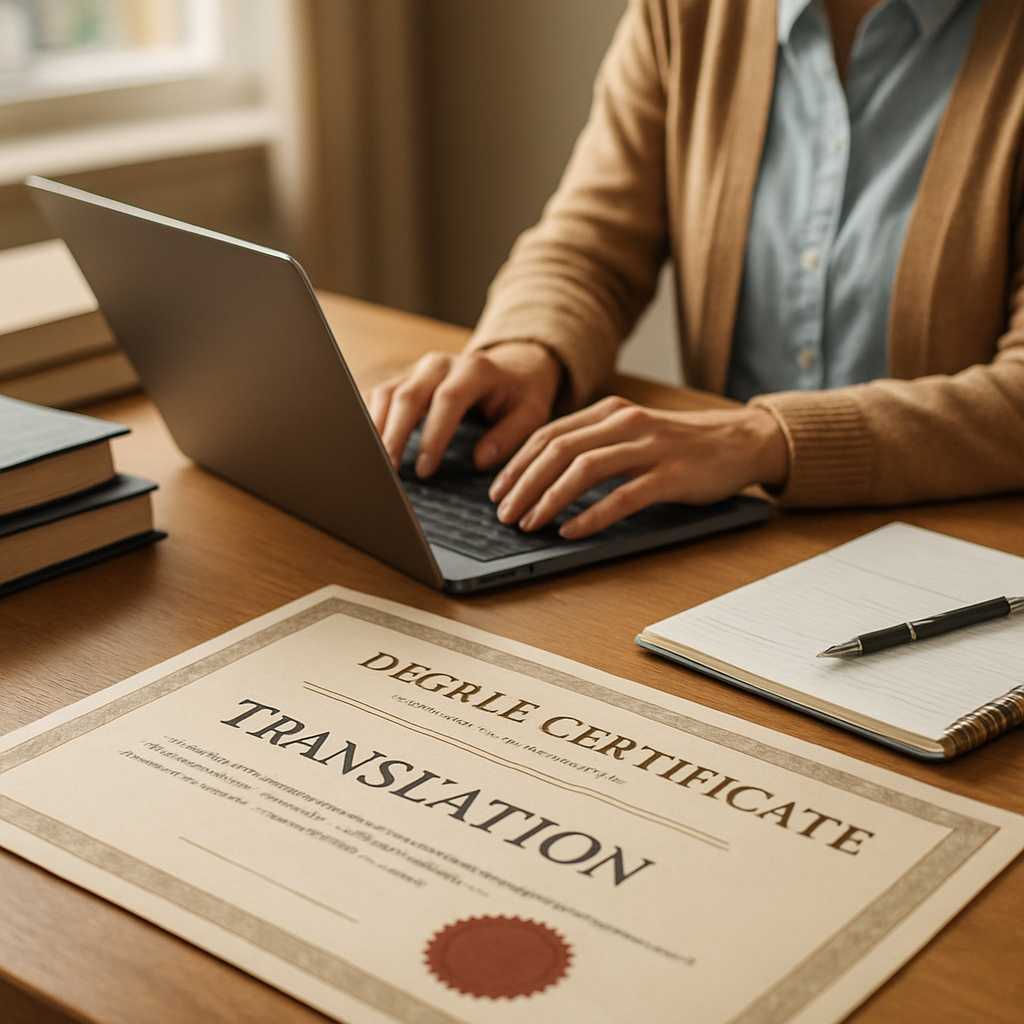A professional image depicting a translator working on a degree certificate translation at a desk, s