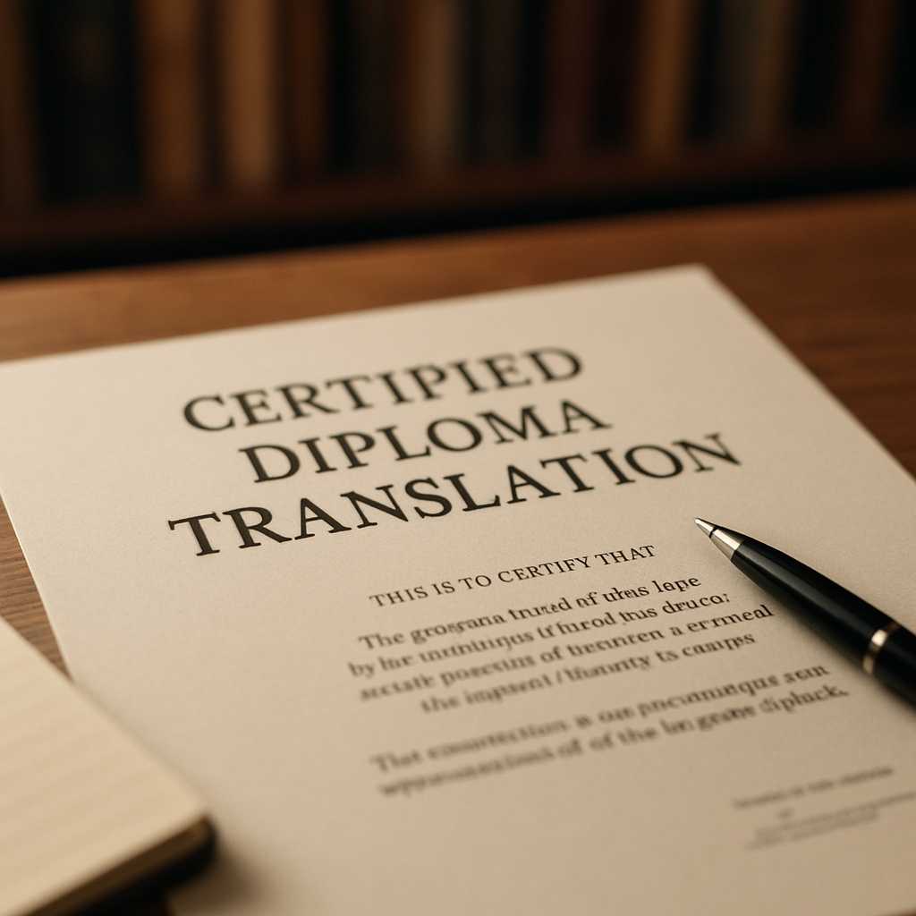 A close up, photorealistic image of a certified diploma translation document laid out on a wooden de