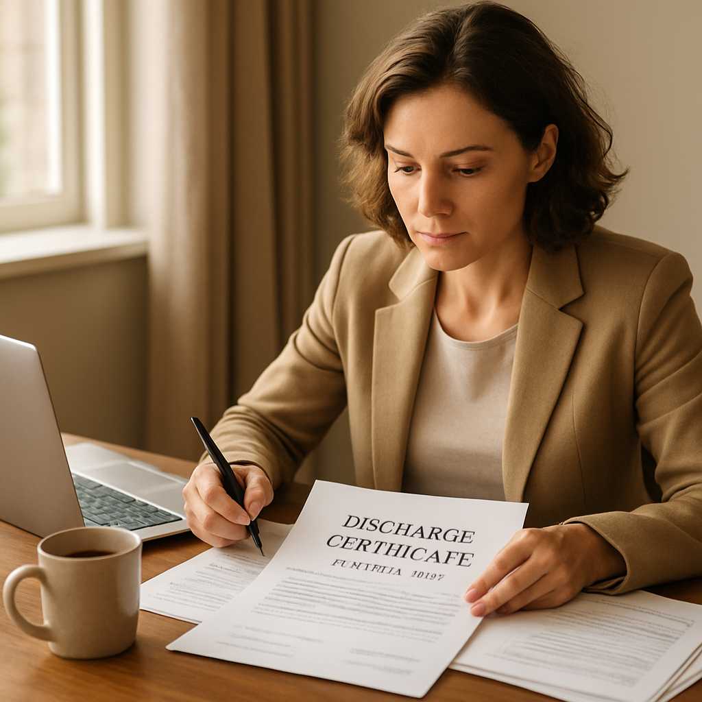 A professional image of a translator sitting at a desk, carefully reviewing a discharge certificate