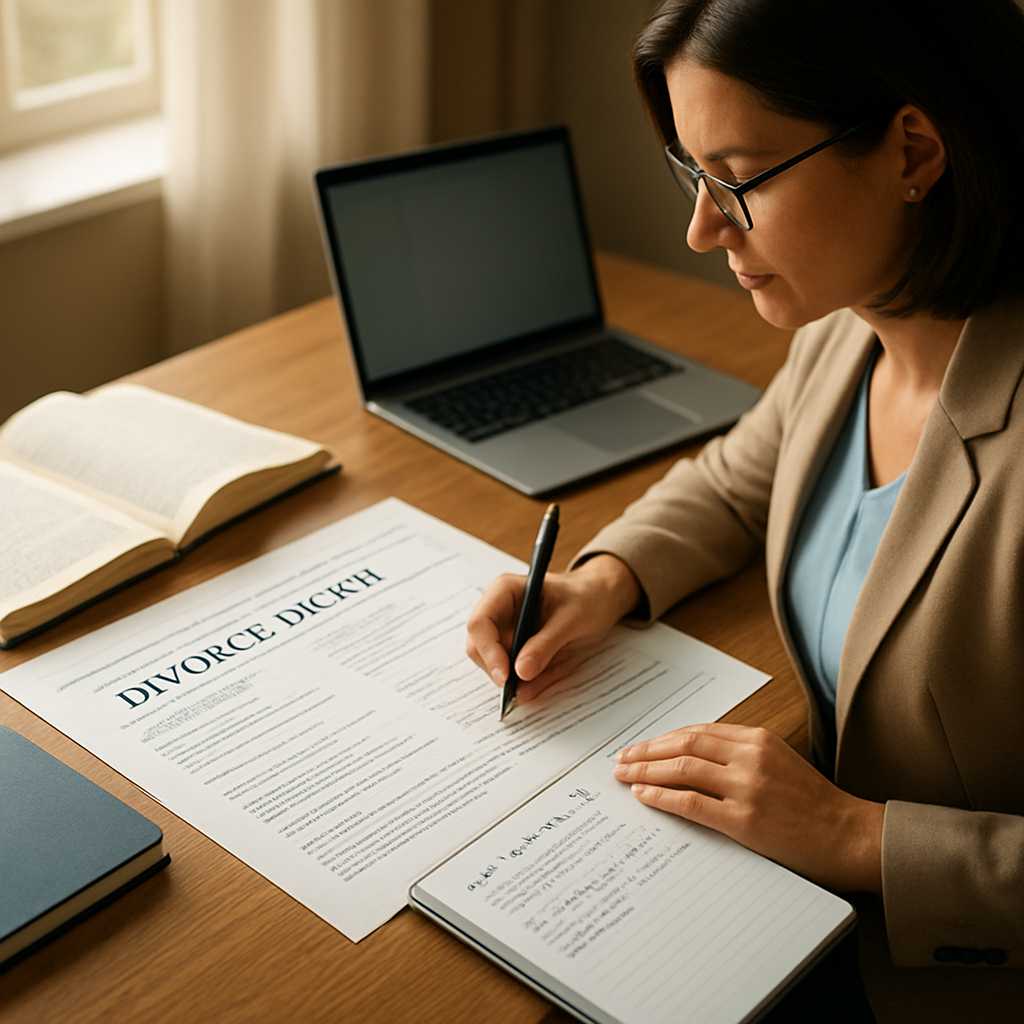 A professional editorial photograph of a translator working on a divorce decree translation at a des