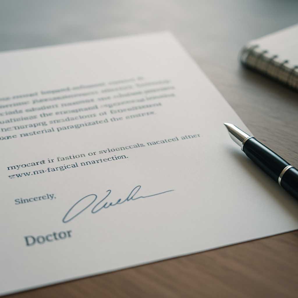 A close up shot of a doctor's letter on a desk, with a pen and a notepad nearby. The letter is parti