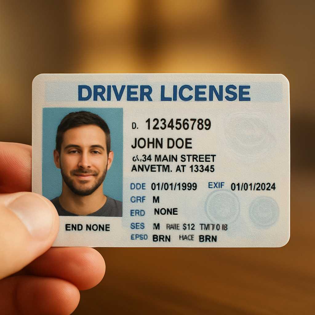 A close up, photorealistic image of a driver's license being held by a person, with a focus on the t