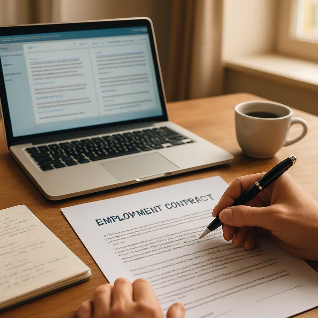 A professional workspace featuring a close up of an employment contract being translated, with a lap