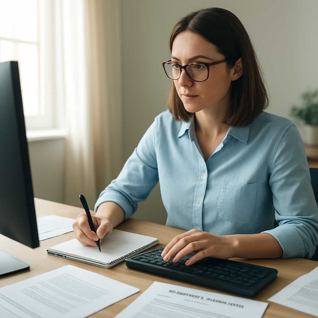 A professional image of a translator working at a desk, surrounded by documents, including an employ