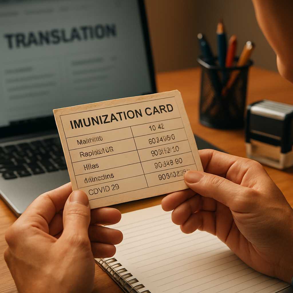 A close up, photorealistic image of an immunization card being carefully examined by a professional