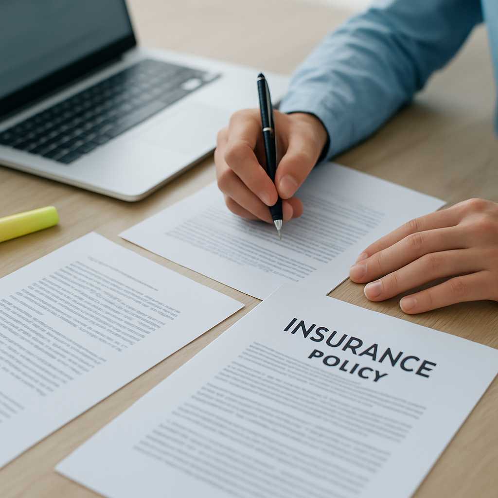 A close up shot of a professional translator working on an insurance policy translation, with docume