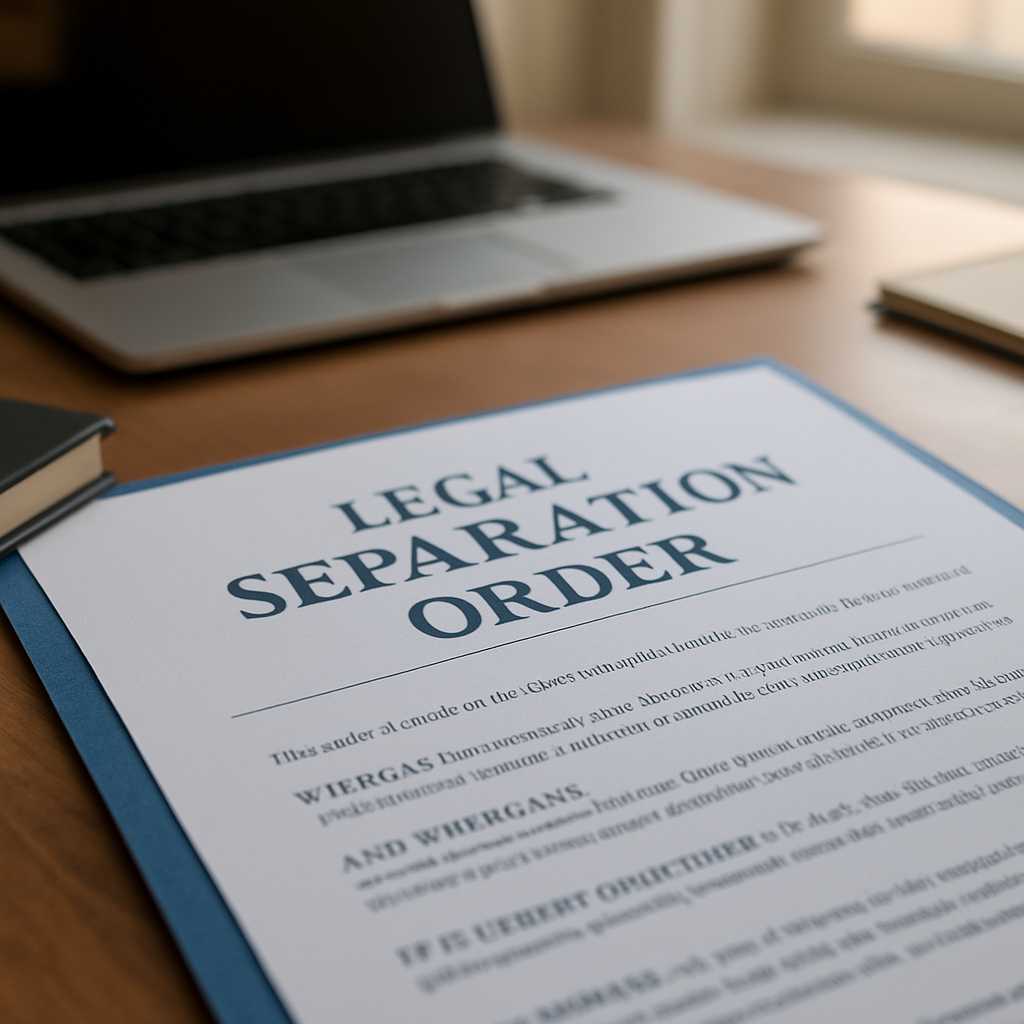 A professional image depicting a legal separation order document on a desk, with a focused view on t