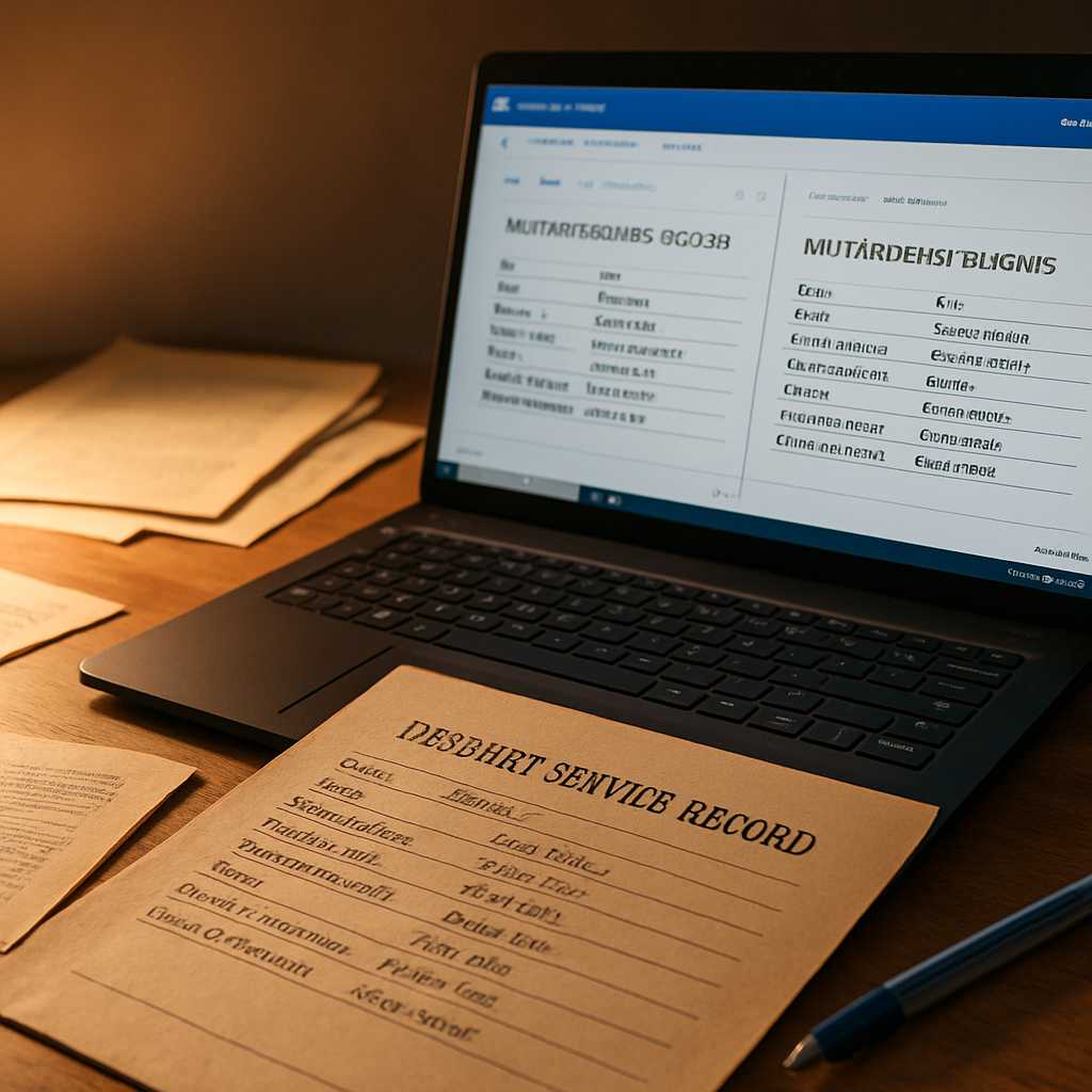 A detailed editorial photograph of a military service record being translated on a desk, with a lapt