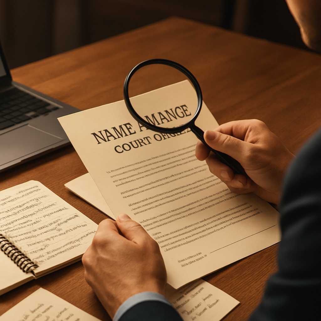 A professional image of a person sitting at a desk, reviewing a name change court order document wit