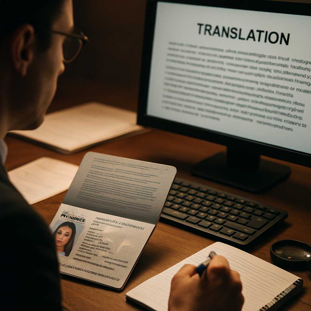A close up, photorealistic image of a passport biographic page being translated, with a focus on the