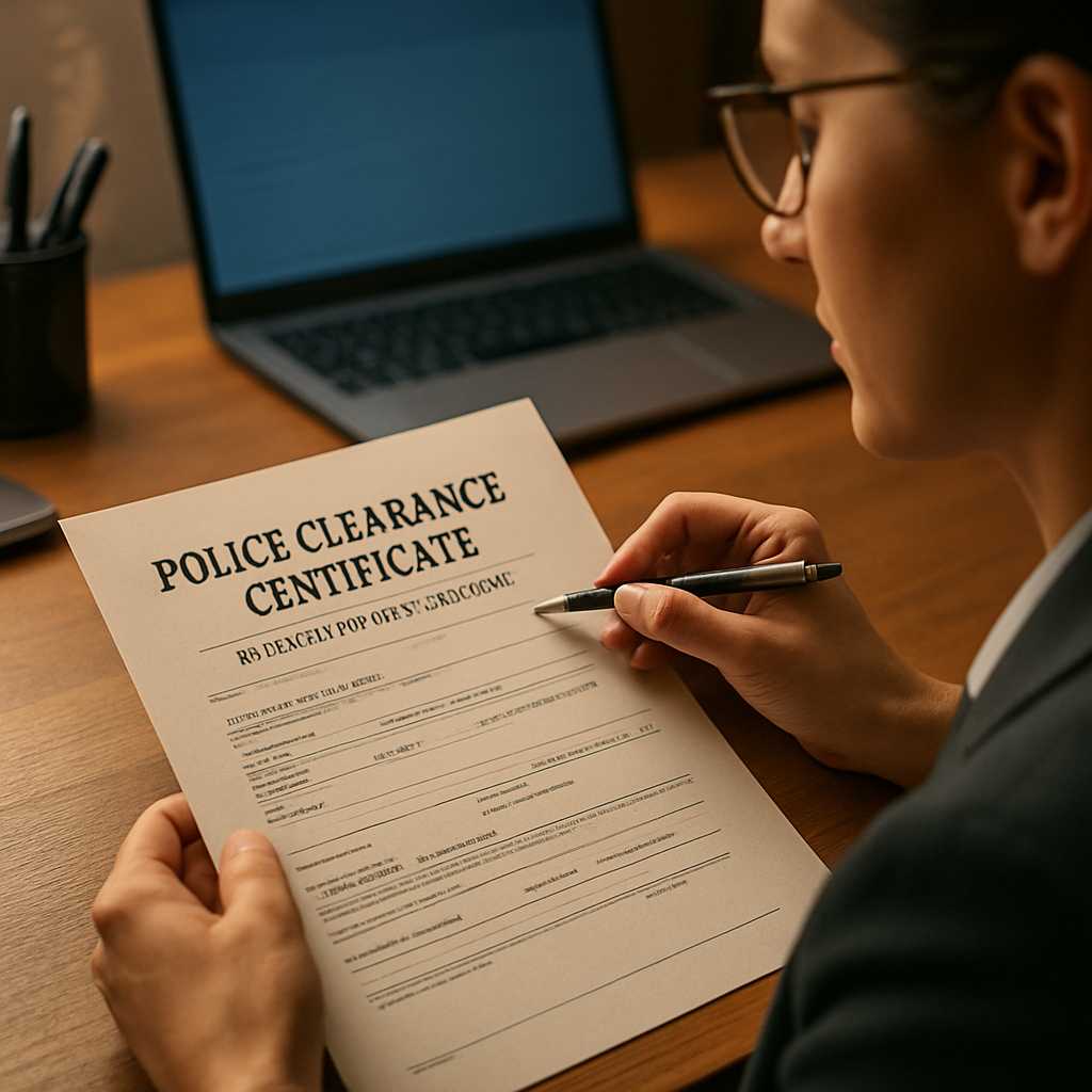 A close up, photorealistic image of a police clearance certificate being translated on a desk, with