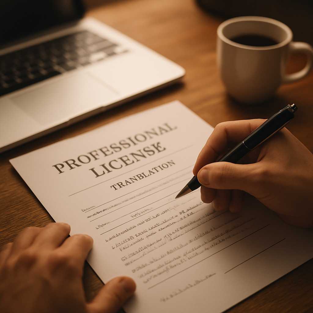 A close up, photorealistic image of a professional license document being translated, with a focus o