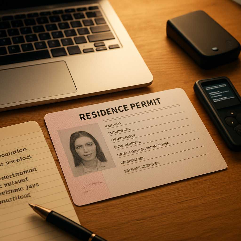 A professional and detailed image of a residence permit being translated on a desk, with a laptop an