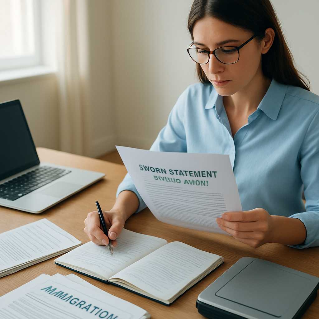 A professional editorial photograph of a translator working at a desk, surrounded by immigration doc