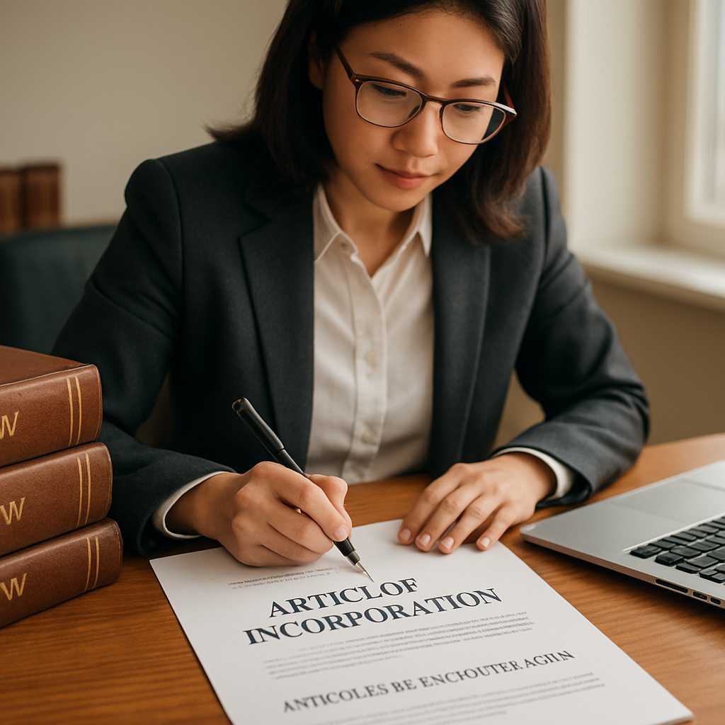 A professional photograph of a translator working on Articles of Incorporation documents at a desk,
