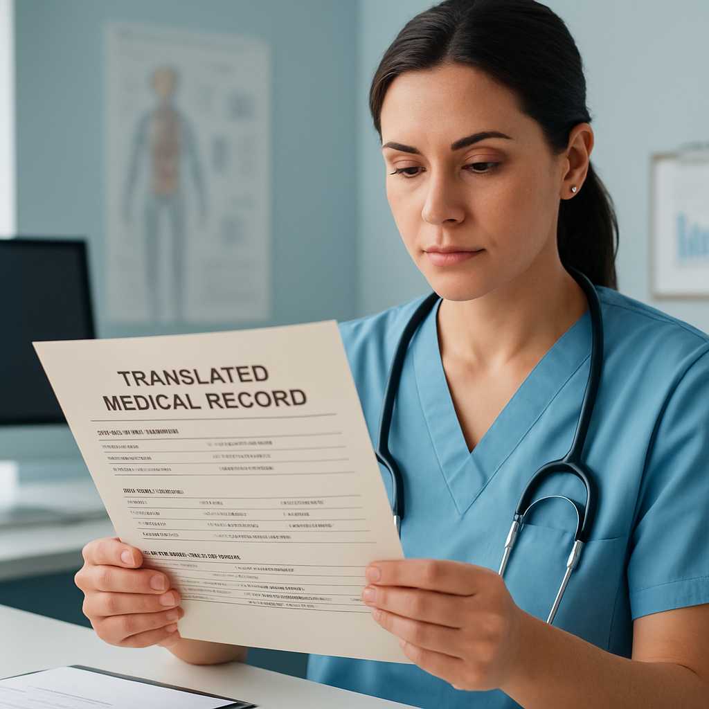 A professional image depicting a healthcare professional reviewing a translated medical record docum