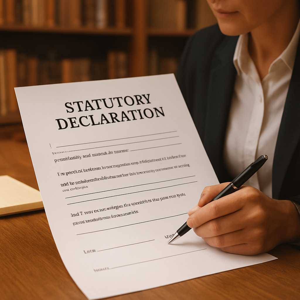 A professional image of a translator working on a statutory declaration document, with a focus on th