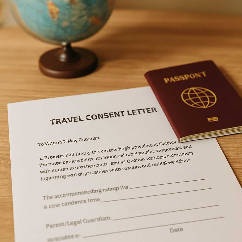 A professional editorial photograph of a travel consent letter on a wooden desk, with a child's pass