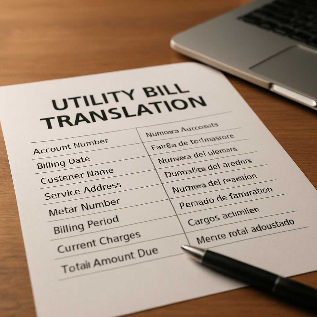 A close up, photorealistic image of a utility bill translation document on a wooden desk, with a pen