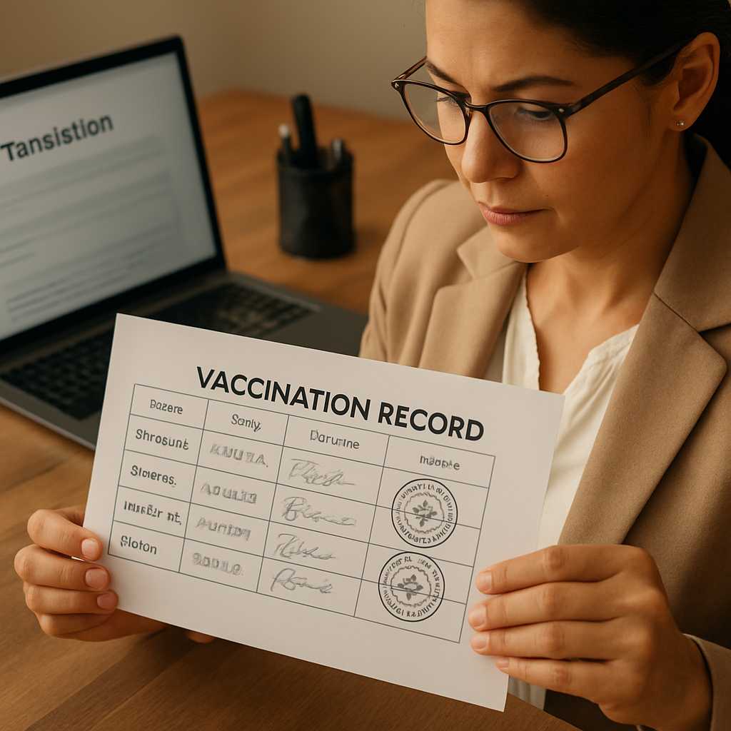 A close up, photorealistic image of a vaccination record being reviewed by a professional translator
