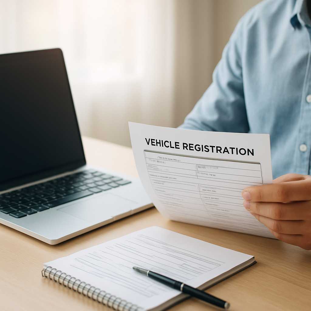 A professional photograph of a person sitting at a desk, reviewing a vehicle registration document a