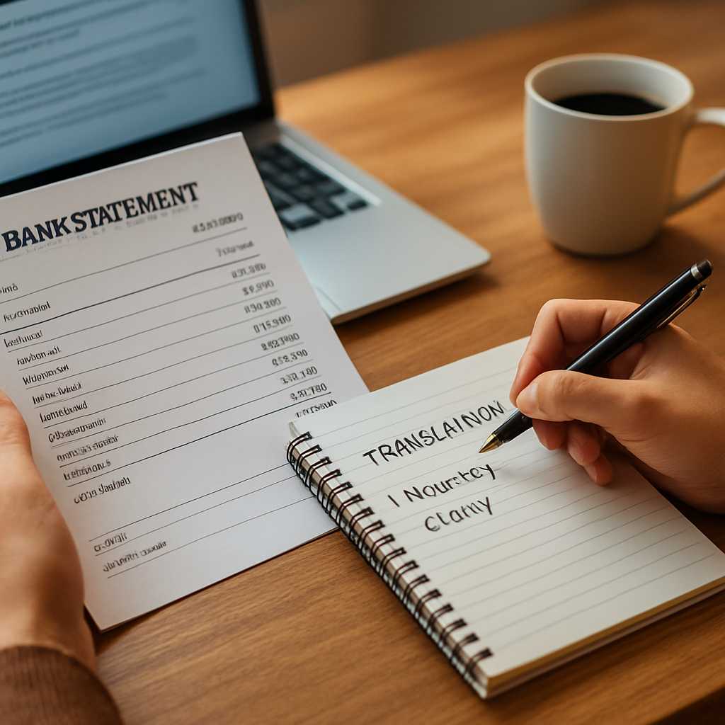 A detailed editorial photograph of a bank statement being translated, with a focus on a translator's