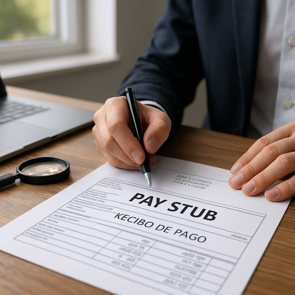 A close up, photorealistic image of a pay stub being translated on a desk, with a professional trans