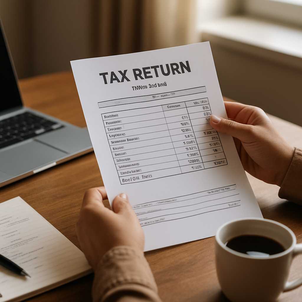 A detailed editorial photograph of a person sitting at a desk, reviewing a translated tax return doc