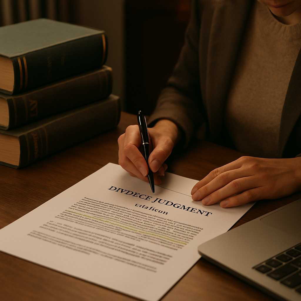 A professional editorial photograph of a translator working on a divorce judgment document, surround