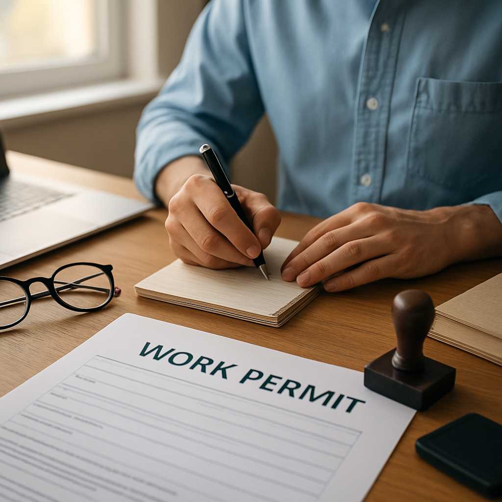 A professional editorial photograph of a translator working on a work permit document at a desk, sur